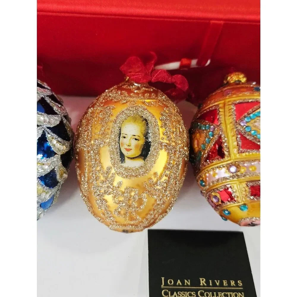 Vintage Joan Rivers Colorful Russian Faberge Style Blown Glass Egg Ornament Set